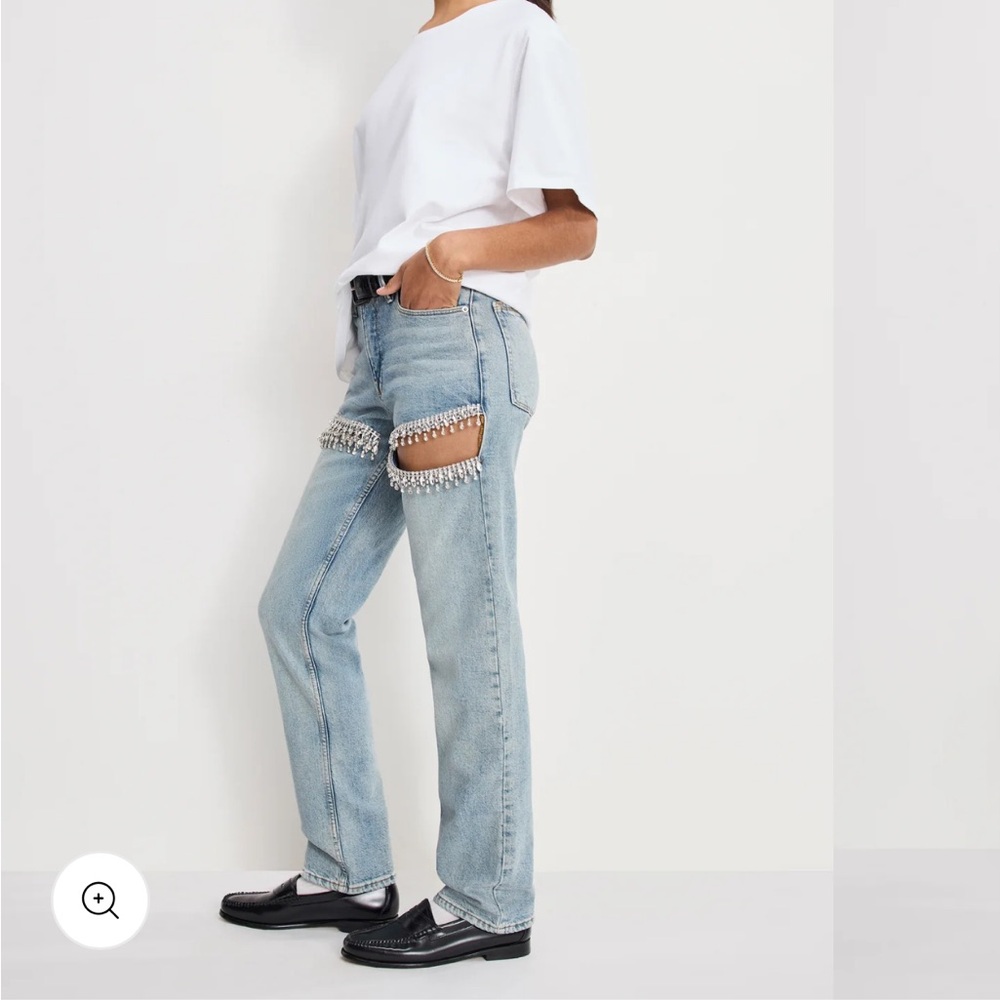 Good American Light Blue Straight Leg Jeans with Fringe